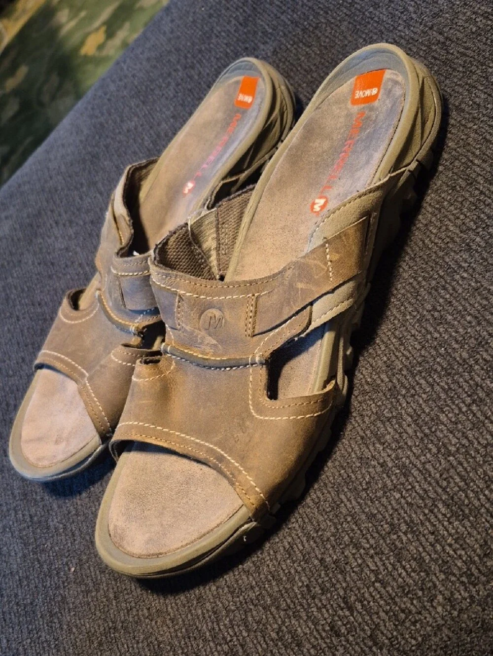 Merrell Men’s Brown Suede Slide Sandals with Orange Accents